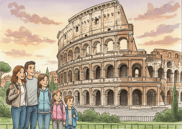 Family exploring the historic sights of Rome