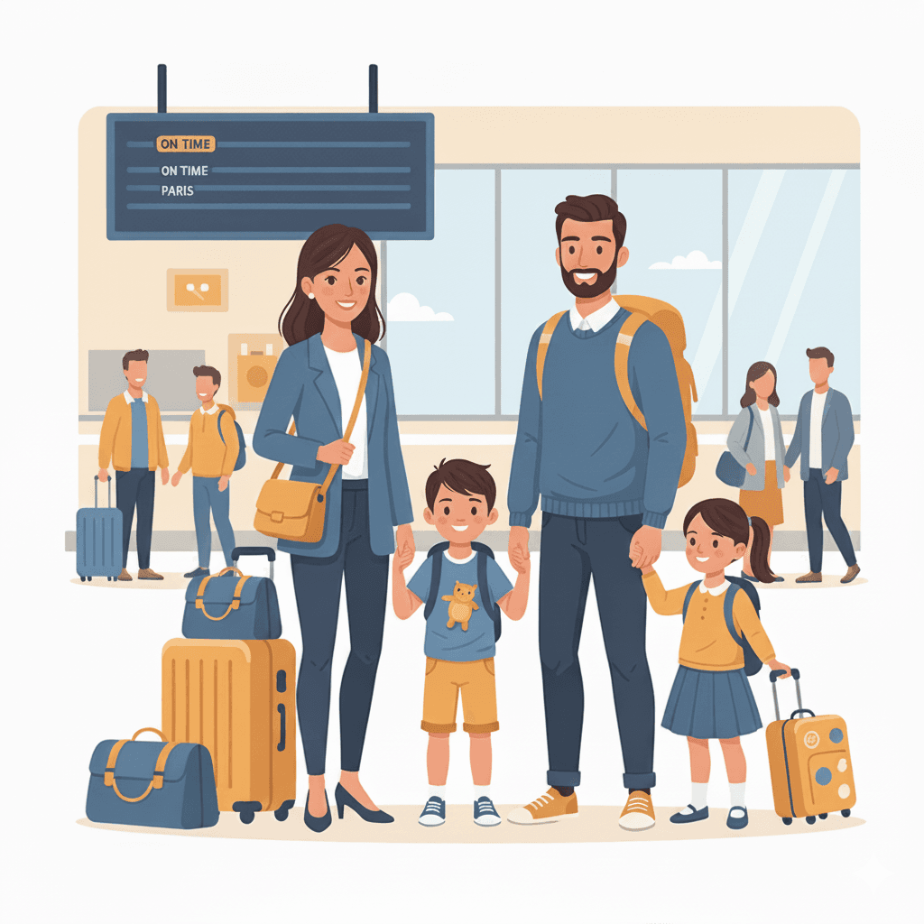 Happy family traveling together with luggage